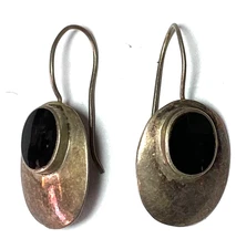 Sterling Silver Boma Oval Onyx Hook Dangle Earrings 34mm x 17mm