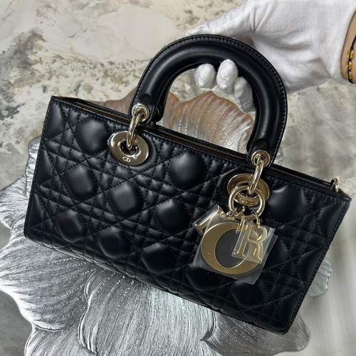 Excellent Christian Dior Lady D-joy MM Black Gold Handbag Crossbody