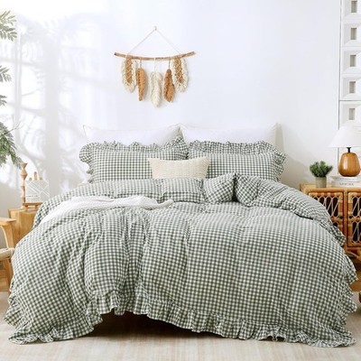 Green Gingham Duvet Cover Bedding Set 100% Washed Cotton Like Linen Feel Soft