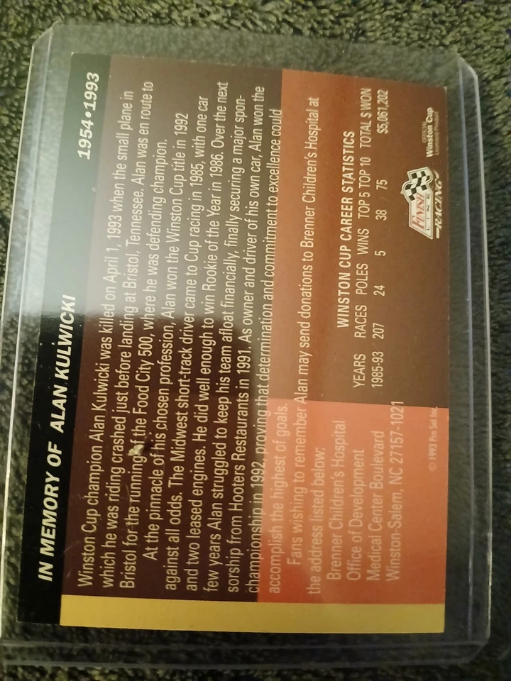 1993 Finish Line Alan Kulwicki MEMORIAL Card - Image 2 of 2