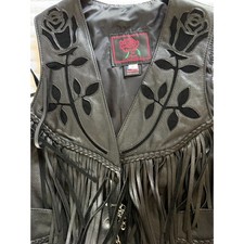 Vintage 90's Fashions by Rose Black Leather Fringe Vest - Size L -