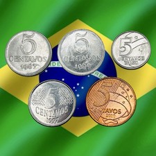 Lot of 5 Brazil 5 Centavos Coins - Mixed Dates - Combined Ship