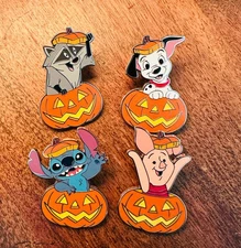 HALLOWEEN DISNEY PUMPKIN PALS 4 PIN SET STITCH MEEKO LUCKY PIGLET PAL DISNEYLAND