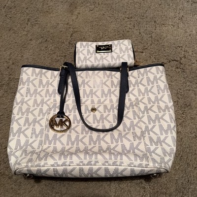 Michael Kors Jet Set Medium Tote White Blue Snap Pocket