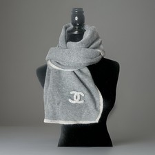 CHANEL Vintage Cashmere Blend Scarf Grey Raised Knit Logo