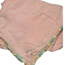 Handmade Baby Receiving Blanket 44x36 Pink Vintage 70s Trim Floral Embroidered
