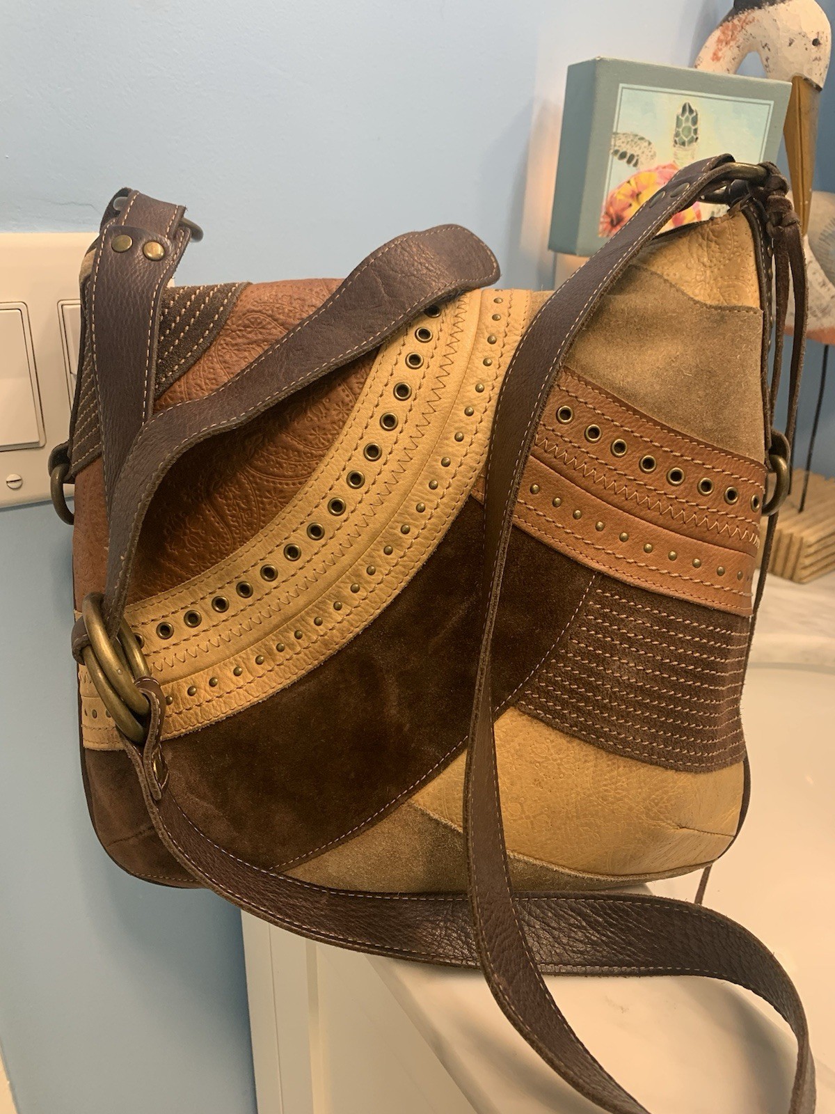 Fossil Brown Leather Multicolor Patchwork Studded… - image 1