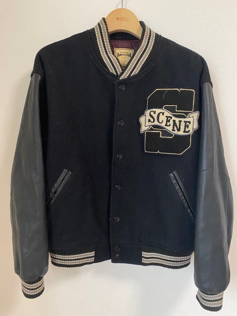 American Scene Wool Leather Stadium Jacket Black Embroidered Logo Used