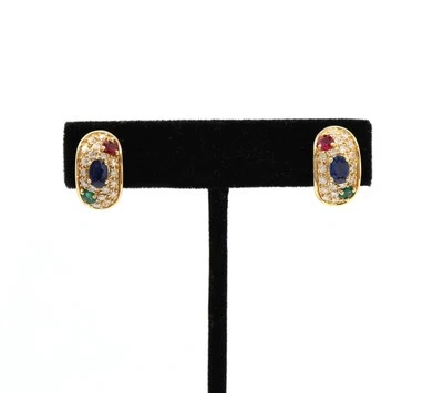 Pave Diamond Sapphire Ruby Emerald Oval 14K Yellow Gold Omega Clasp Earrings - Image 1 of 4