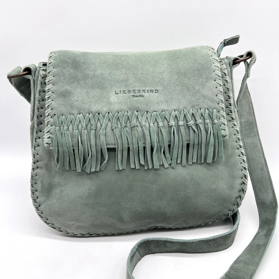 LIEBESKIND BERLIN Lennja Laced Saddle Crossbody Bag Green Suede Fringe Womens - Image 4 of 4