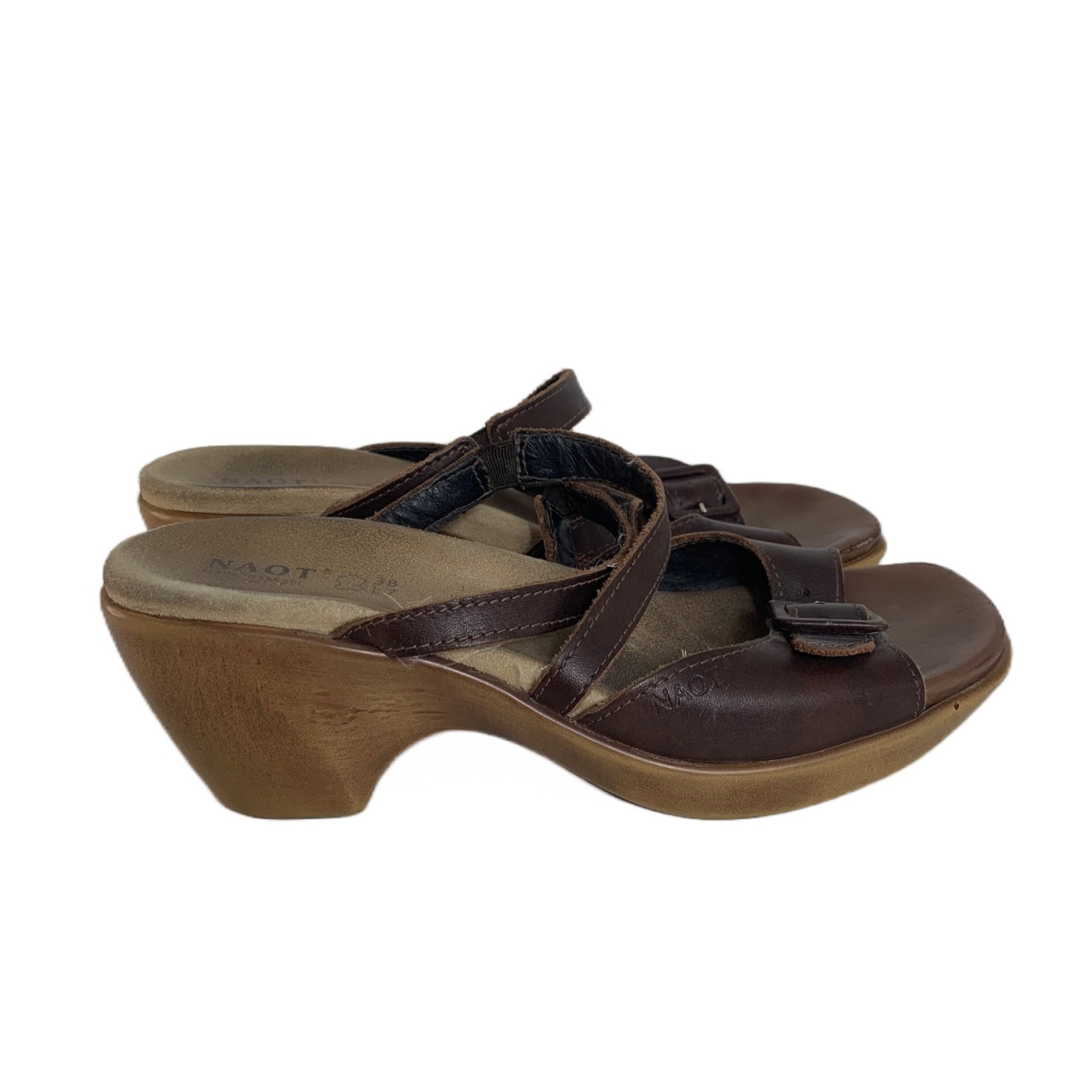 Naot Brown Strappy Wooden Heeled Sandals Boho Summer Size 7