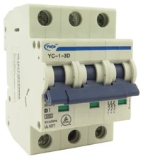 YuCo YC-1-3D Miniature Din Rail Circuit Breaker D-Curve 1 Amp 3P 480VAC 220VDC