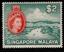 SINGAPORE GVI SG51, $2 blue-green & scarlet, LH MINT. Cat £42.