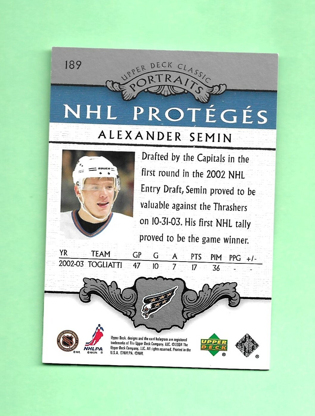 03-04 UD Classic Portraits NHL PROTEGES ROOKIE RC # 189 ALEXANDER SEMIN ...