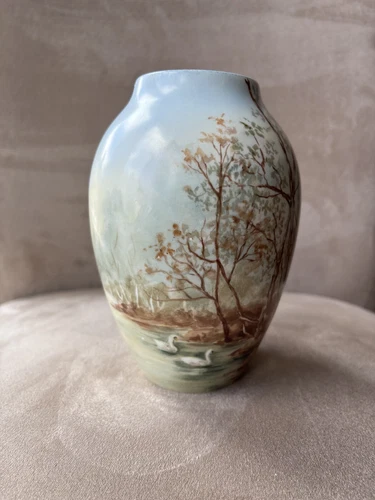 Delinieres & Co France Vase D & C HAND PAINTED Trees and Swans. Signed B Thomsen