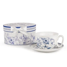 Blue on White Flowers Bone China Teacup and Saucer Porcelain Cup Tea Cup 300 ml