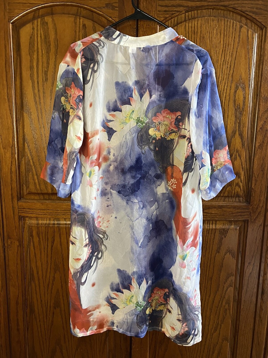 NWT Ni Li Ya Size XXXL Sheer Long Anime Woman Flowers Long Button