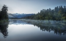 Landscape nature lake forest mountains snowy peak mist Custom Gaming Mat Desk