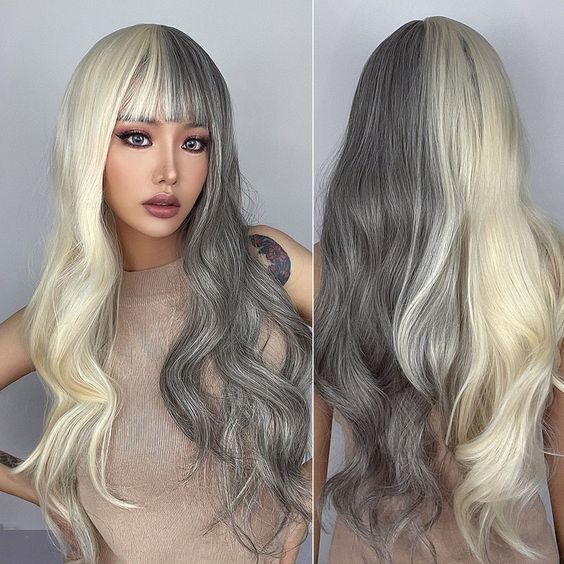 Long Wavy Half Gray Half Blonde Synthetic Wig Soft Glueless  display picture 3