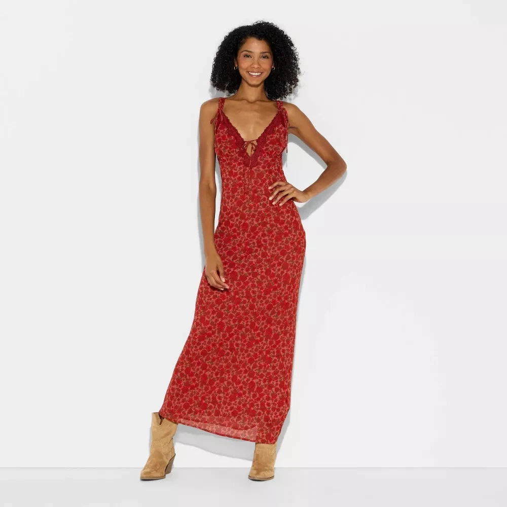 red floral lace maxi dress Madara Lace-Up Back Maxi Dress Floral Red main image 1