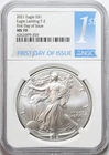 2021 $1 American Silver Eagle NGC MS70 - Type 2 , T-2, First Day Of Issue, FDOI