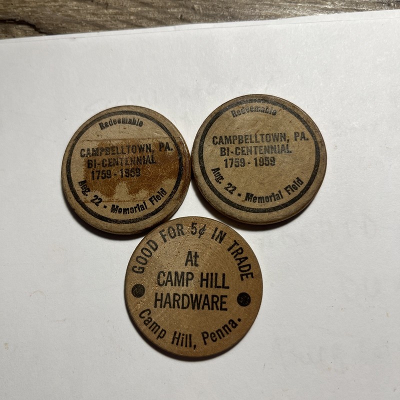 VTG WOODEN NICKELS CAMPBELLTOWN PA BICENTENNIAL 1959/5c CAMP HILL HARDWARE PA