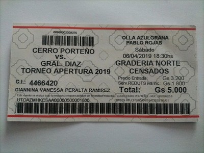 Collectors Ticket 19/20 Cerro Porteno - Grail. Diaz