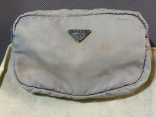 Vtg Authentic PRADA Tessuto Nylon Cosmetic Pouch Baby Blue Triangle Logo Plate