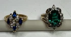 2 Vtg. Gold Tone Sapphire Blue Gemstone & Gold Tone Emerald Ring Costume Jewelry