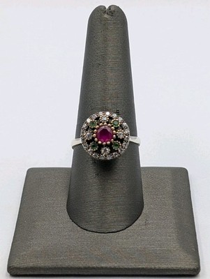 Vtg Sterling Silver Turkish Ottoman Simulated Ruby Green White CZ Cocktail Ring