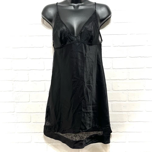 UNDERCOVER Med. donna Camicia da notte sexy Victorias Secret in raso nero + abito slip in pizzo