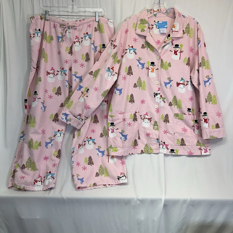 Juego de pijama de franela de algodón Nick & Nora XL rosa muñeco de nieve bosque de 2 piezas para mujer Foto 2 de 4