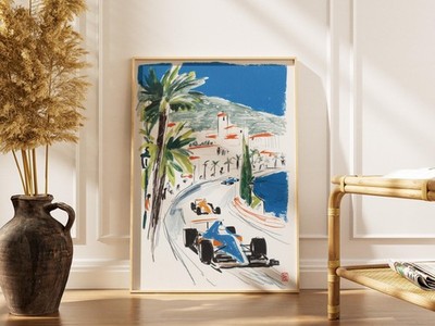 Monaco Grand Prix Poster   F1 Crayon Art Print, Coastal Race Track Scene