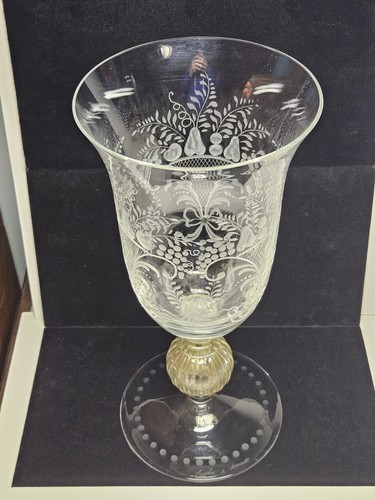 Lg Signed Cenedese & Albarelli Murano Gold Flake Art Glass Engraved Vase 14 3/8" - Picture 2 of 14