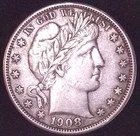 1908 BARBER SILVER HALF DOLLAR , XF/AU GRADE