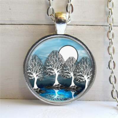 TREE SUN SKY charm pendant 20'' Sterling 925 Silver plate necklace Gift wedding