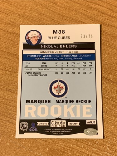 2015-16 O-Pee-Chee Platinum Blue Cubes #M38 Nikolaj Ehlers RC /75 Winnipeg Jets - Picture 2 of 2