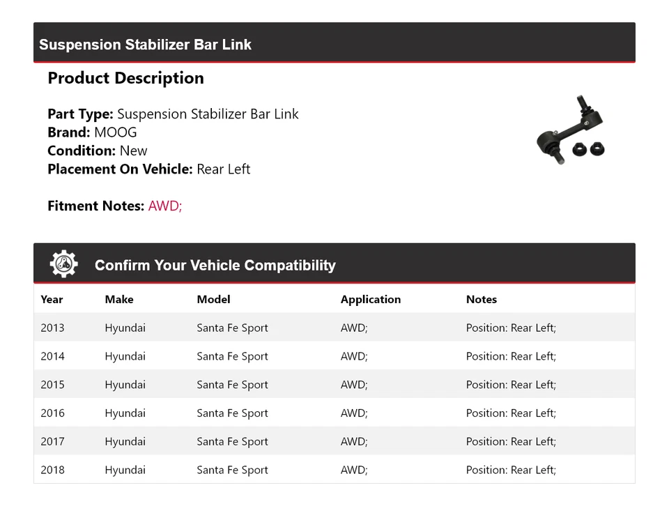 Barra estabilizadora de suspensión deportiva MOOG 2013-2018 para Hyundai Santa Fe MOOG 2013 Foto 2 de 4