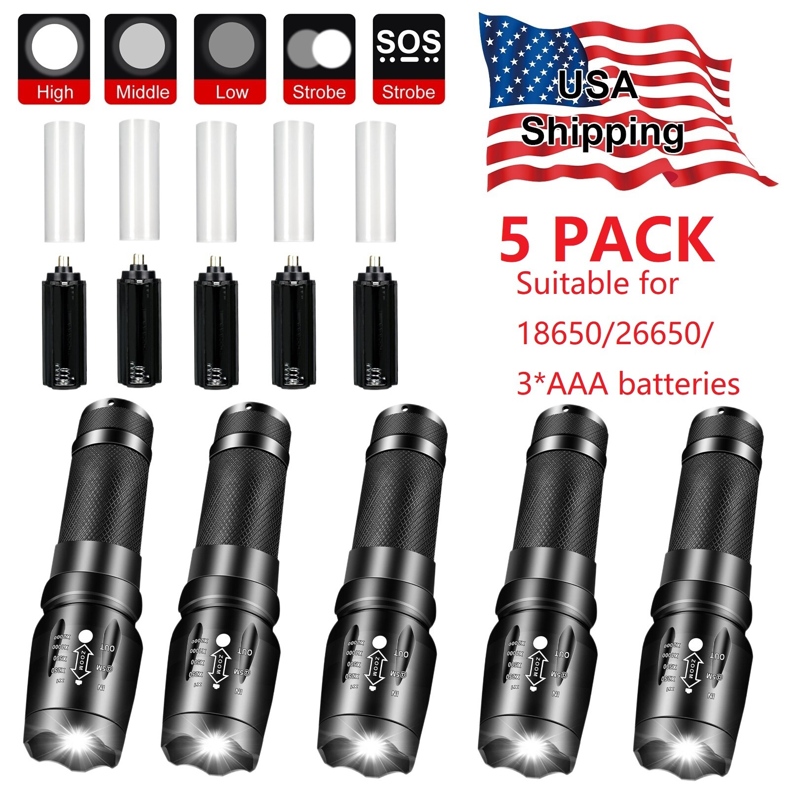 5 Pack 990000LM Small Super Bright LED Flashlight Working Torch Zoomable AAA