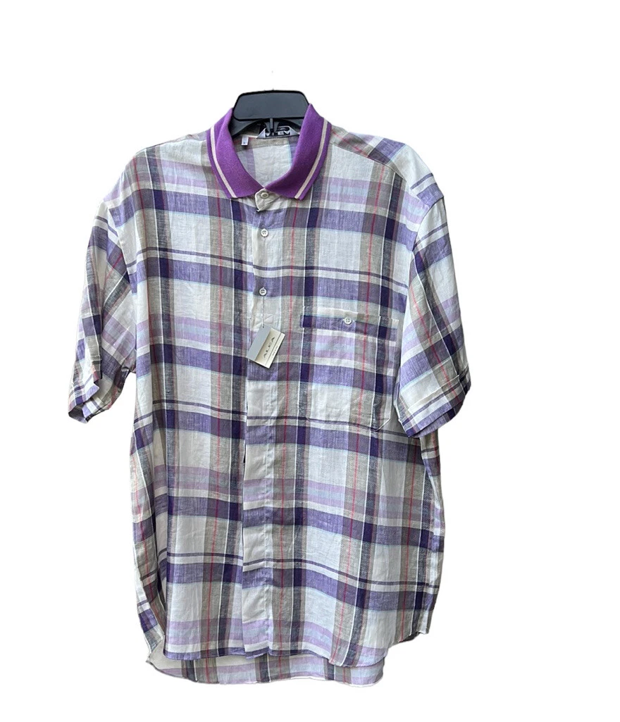 NWT ALEA ITALY purple plaid mens linen button down short sleeve shirt size L