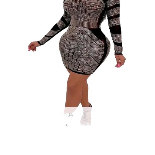 Sexy Rhinestone Mock Neck Bodycon Dress with Long Sleeves for Club Nights