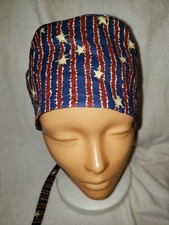 Patriotic Red Creme and Blue Handmade SURGICAL SCRUB CAPS