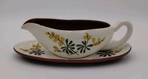 VTG Stangl Pottery Golden Blossom Hand Painted Speckled Gravy Boat & Under Plate