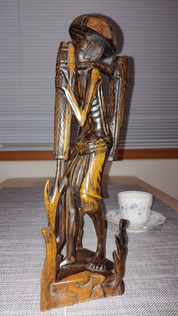 木製老翁像 約20cm ダークブラウン 黑柿木雕像老渔翁Vintage Japanese Black Persimmon Wood Carved