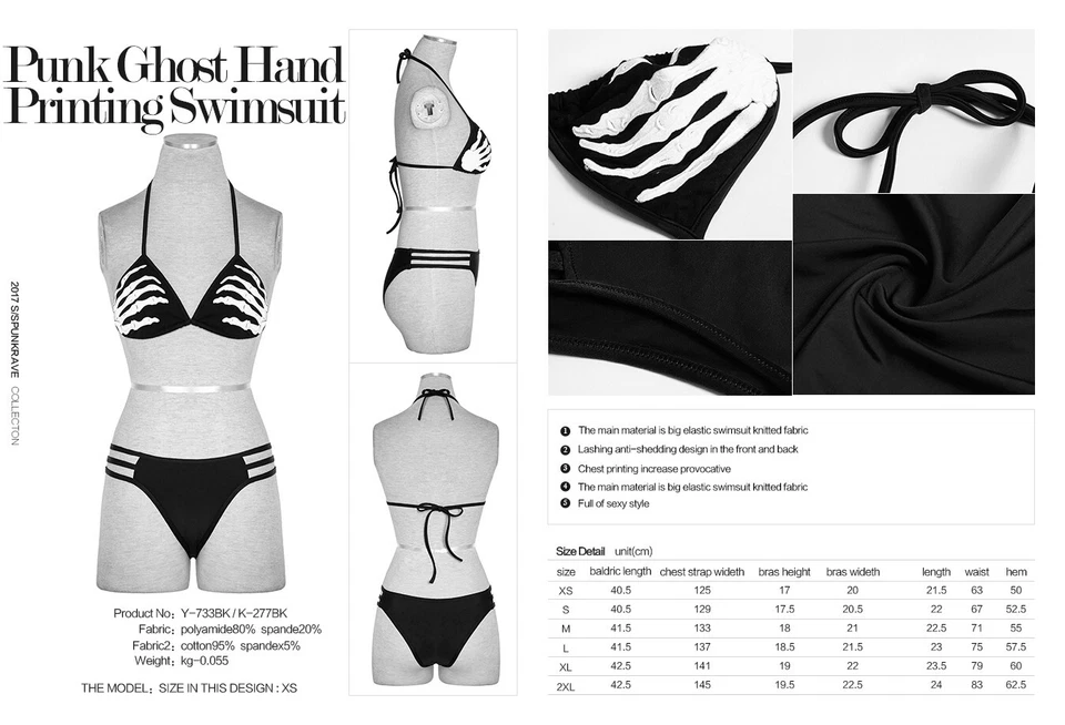 Nuevo PUNK RAVE Gothic Ghost Mano Negro 2 Piezas Traje de Baño Bikini T-733 PUBLICACIÓN RÁPIDA Foto 3 de 4