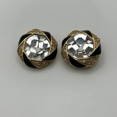 Swan Swarovski Large Crystal Gold Tone Halo Octagonal Clip On Earrings