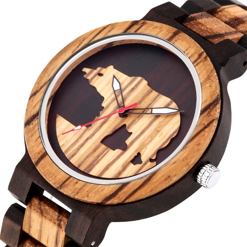 Reloj de pulsera analógico de cuarzo bambú hecho a mano con patrón de oso polar para hombre correa de madera - Imagen 7 de 8