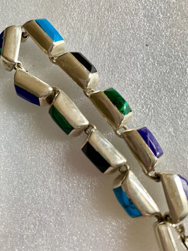 Pulsera vintage de plata esterlina con lapislázuli turquesa ónix malquita - Imagen 3 de 12