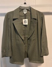 Women's Olive Green Open Front Blazer Jacket 3/4 Sleeve Button Cuffs