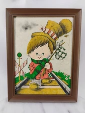 Vintage Artex Liquid Embroidery Painting On Material Hobo Walking On Tracks 7x9"